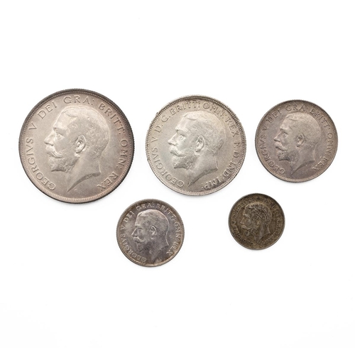 103 - Five (5) 1911 George V silver coins, including Halfcrown, Florin, Shilling, Sixpence, and Threepence... 