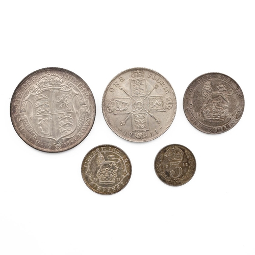 103 - Five (5) 1911 George V silver coins, including Halfcrown, Florin, Shilling, Sixpence, and Threepence... 