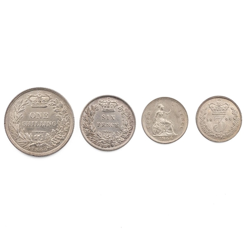 83 - Four (4) 1844 Victoria silver coins, including Shilling, Sixpence, Fourpence and Threepence. Grades:... 