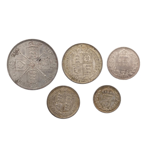 85 - Five (5) 1887 Victoria silver coins, including Florin, Shilling, withdrawn type Sixpence, crowned wr... 