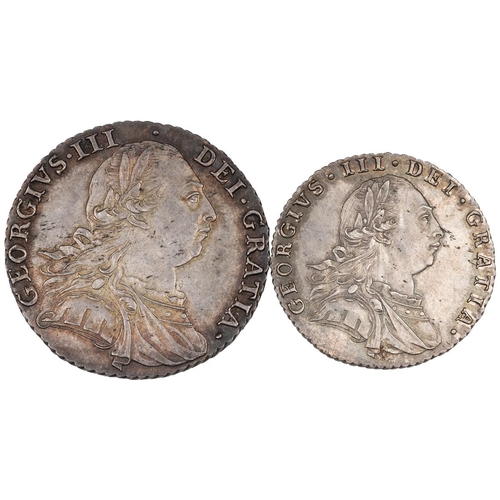 55 - Two (2) 1787 George III silver coins, including Shilling with semée of hearts (S 3746, ESC 1225, Bul... 