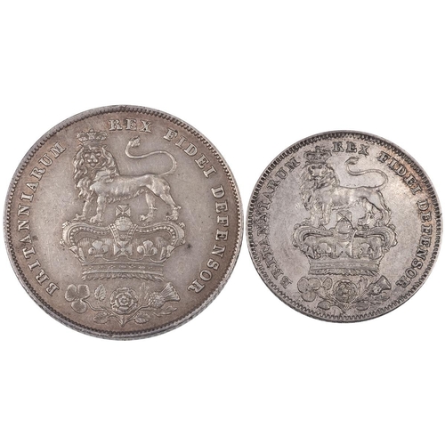 67 - Two (2) 1826 George IV silver coins, including Shilling (S 3812, ESC 1257, Bull 2409), and lion on c... 