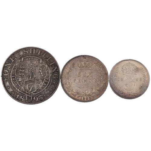 86 - Three (3) 1893 Victoria silver coins, including Shilling (S 3940, ESC 1361, Bull 3153 - gF), Sixpenc... 