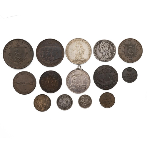 117 - Fourteen (14) UK and world coins, tokens and medals in high grade with some silver, including 1758 G... 