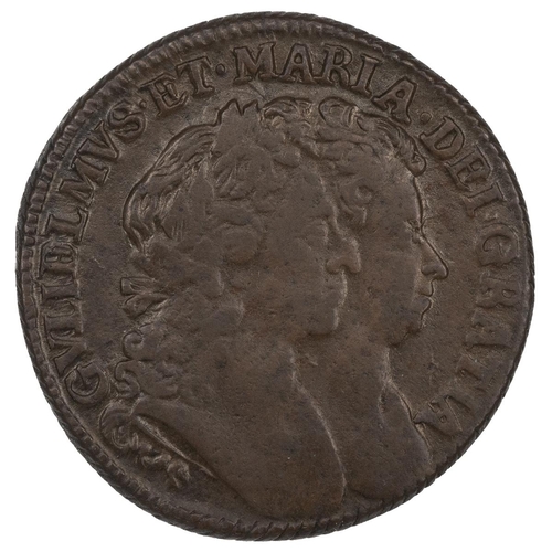 34 - Ireland, 1693 William and Mary copper Halfpenny, milled edge (S 6597). Obverse: conjoined busts, rig... 