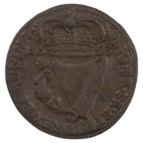 34 - Ireland, 1693 William and Mary copper Halfpenny, milled edge (S 6597). Obverse: conjoined busts, rig... 