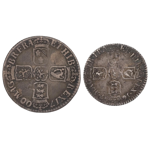 36 - Two (2) William III silver coins, including 1700 Shilling (S 3516, ESC 1121A, Bull 1151 - VG, revers... 