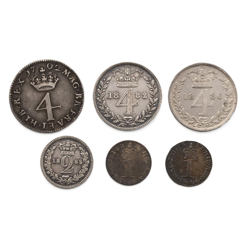 114 - Six (6) Maundy Money silver coins, including 1702 William II Fourpence (VF), 1882 Victoria Fourpence... 