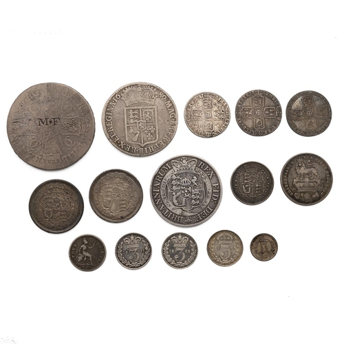 113 - Fifteen (15) British milled silver coins, varied grades, including 1669 (?) Charles II Crown, inscri... 