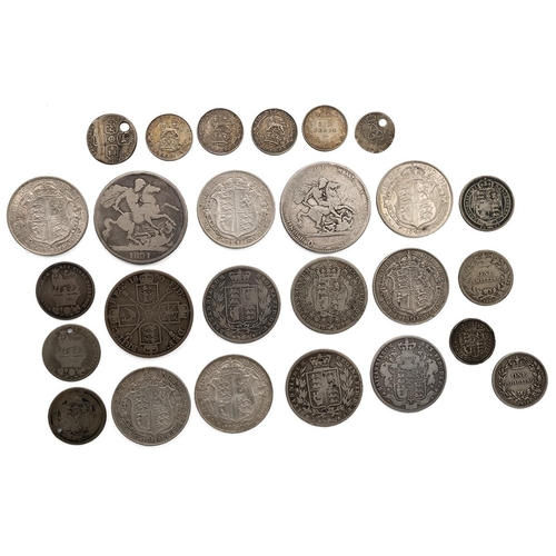 115 - Twenty-six (26) British pre-1920 .925 silver coins, weighing 260g, including Crowns, Double Florin, ... 