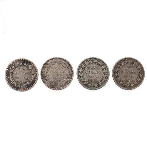 53 - Four (4) George III silver Eighteenpence Bank Tokens (S 3771/3772), including 1811, 1812 first bust,... 