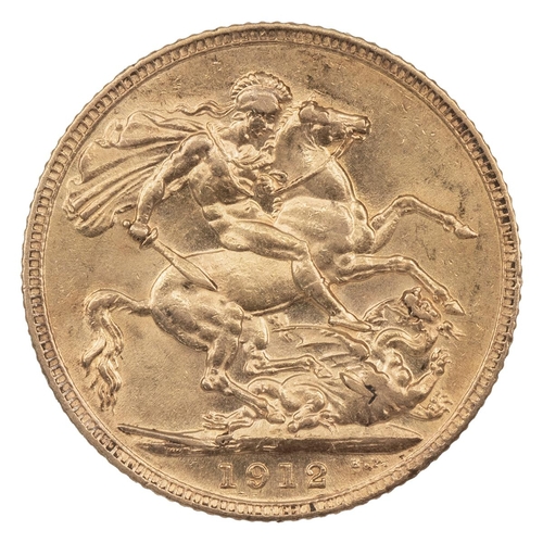 100 - 1912 George V gold Sovereign (S 3996, Marsh 214). Obverse: bare head, right, 'GEORGIVS V D. G. BRITT... 