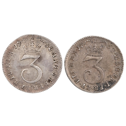 60 - Two (2) George III silver Maundy Threepences (S 3753), including 1762 (ESC 2033, Bull 2254), and 176... 