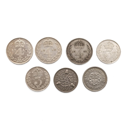 108 - Seven (7) George V small denomination silver coins, including 1915 Maundy Fourpence, 1916 Maundy Fou... 