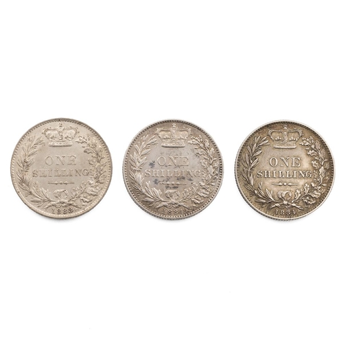 88 - Three (3) Victoria silver Shillings (S 3907), including 1883 (ESC 1342, Bull 3072), and 1884 (x2) (E... 