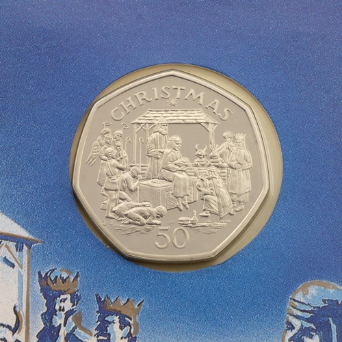 174 - Two (2) Isle of Man, diamond BU Christmas 50ps, including 1990 Lady of Mann Ferry, and 1991 Nativity... 