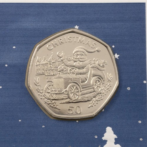 162 - Gibraltar, 1993 diamond BU Christmas 50p, Santa In Car. Packaging: unwritten Pobjoy Mint card with c... 