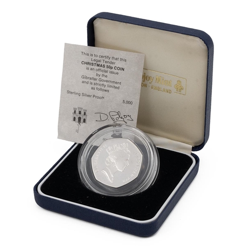 154 - Gibraltar, 1991 silver proof Christmas 50p, Carol Singers. Obverse: Elizabeth II with 'ELIZABETH II ... 