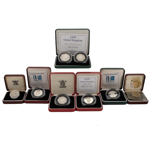 133 - Seven (7) UK silver proof 50ps and sets, including 1997, 1997 piedfort, 1997 two-coin set, 2000 Libr... 