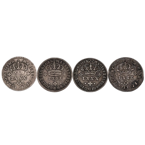 190 - Four (4) undated Portuguese silver 80 Reis, including Maria I (1777-1786) (x2); Maria I and Peter II... 