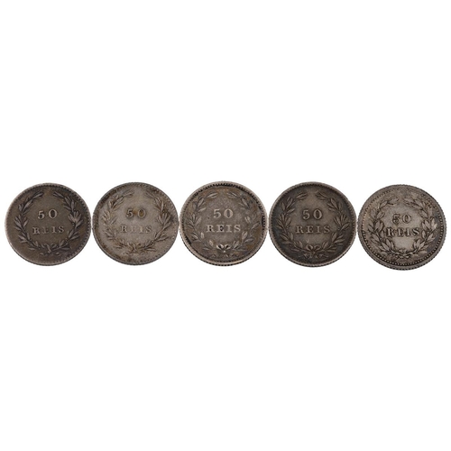 192 - Five (5) Portuguese silver 50 Reis, including 1861 Peter V (x2); 1879 Luis I; 1874 Luis I; and 1893 ... 