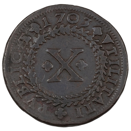 188 - Portugal, 1703 Peter II copper 10 Reis (KM 168). Obverse: 'P:II' with crown above, 'D · G · PORT + E... 