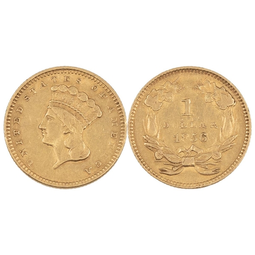 202 - USA, 1856 gold Dollar, slanted/italic 5 (KM 86). Obverse: left-facing Indian head with headdress, 'U... 