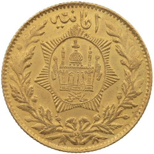 140 - Afghanistan, SH1303 (1924) Amanullah gold 2 Amani (Friedberg 30). Obverse: tughra with date below wi... 