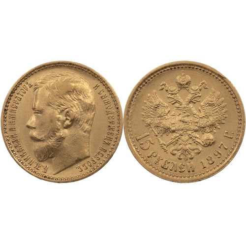 196 - Russia, 1897 АГ Nicholas II gold 15 Roubles (Friedberg 177). Obverse: bare head bust, left, 'Б.М.НИК... 