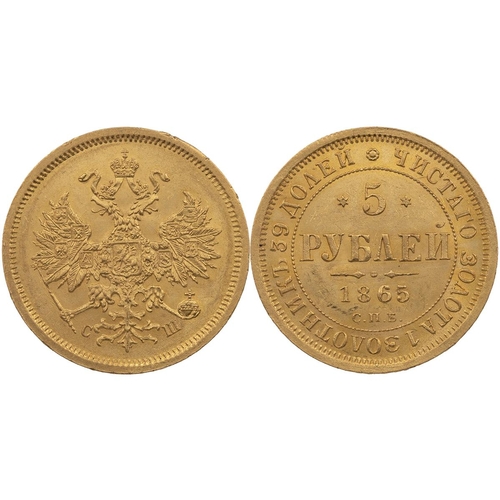 199 - Russia, 1865 СПБ СШ Alexander II gold 5 Roubles, Sergey Shostak (Friedberg 163). Obverse: Russian Im... 