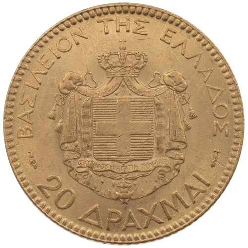 164 - Greece, 1884 George I gold 20 Drachmai (Friedberg 18, KM 56). Obverse: bare head third bust, right, ... 