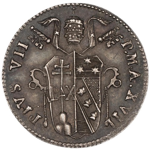 182 - Papal States, 1816 Pius VII silver Grosso, Bologna (KM 1075). Obverse: shield of arms with papal tia... 