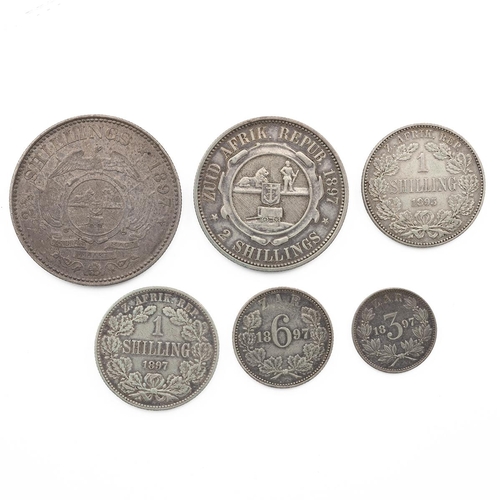 201 - Six (6) South African Republic silver coins, including 1897 2½ Shillings, 1897 Two Shillings, 1895 S... 