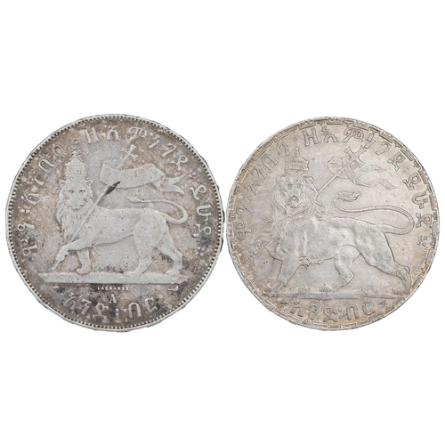 150 - Two (2) Ethiopia, Menelik II silver Birr/Thaler, 1889 (1897) A (VG); and 1895 (1903) lion's right le... 