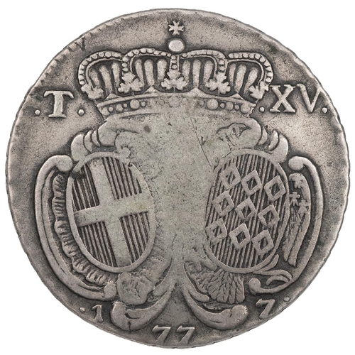 179 - Malta, Order of Hospitallers, 1777 Emmanuel de Rohan silver 15 Tari (KM 304). Obverse: armoured bust... 