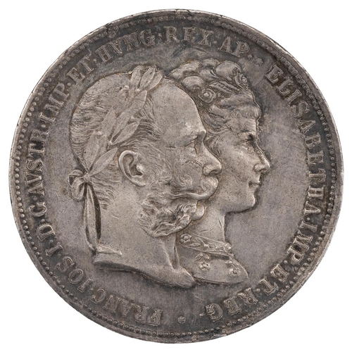 142 - Austria, 1879 Franz Joseph I Silver Wedding Jubilee silver 2 Gulden medal (X M5). Obverse: conjoined... 