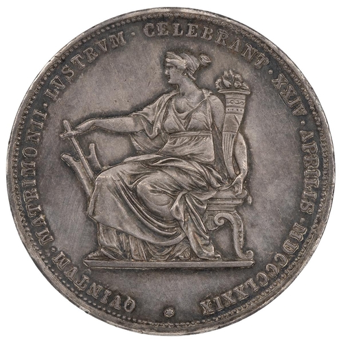 142 - Austria, 1879 Franz Joseph I Silver Wedding Jubilee silver 2 Gulden medal (X M5). Obverse: conjoined... 