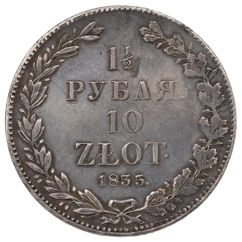 183 - Poland, 1835 ΗГ Nicholas I silver 10 Zlotys/1½ Rouble. Obverse: double-headed eagle, 'ЧИСТАГО СЕРЕБР... 