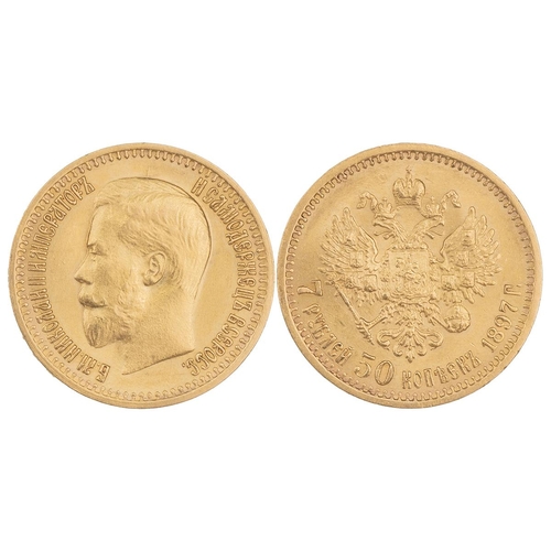 198 - Russia, 1897 AГ Nicholas II gold 7 Roubles 50 Kopecks (Friedberg 178). Obverse: bare head bust, left... 