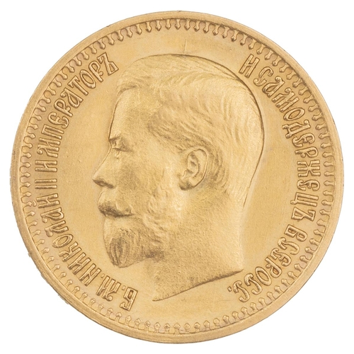 198 - Russia, 1897 AГ Nicholas II gold 7 Roubles 50 Kopecks (Friedberg 178). Obverse: bare head bust, left... 