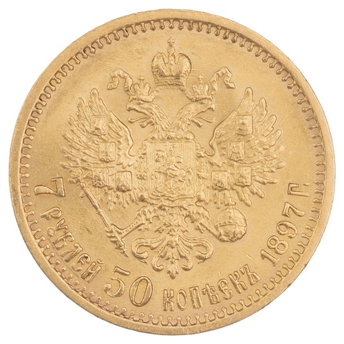 198 - Russia, 1897 AГ Nicholas II gold 7 Roubles 50 Kopecks (Friedberg 178). Obverse: bare head bust, left... 