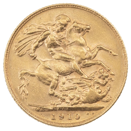 94 - 1910 Edward VII gold Sovereign (S 3969, Marsh 182). Obverse: bare head, right, 'EDWARDVS VII D: G: B... 