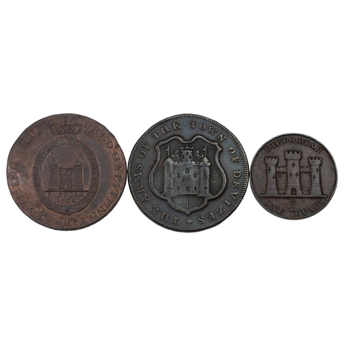 252 - Three (3) copper tokens and coins, including 1794 Blything, Suffolk Halfpenny, sword to L (DH 19- EF... 