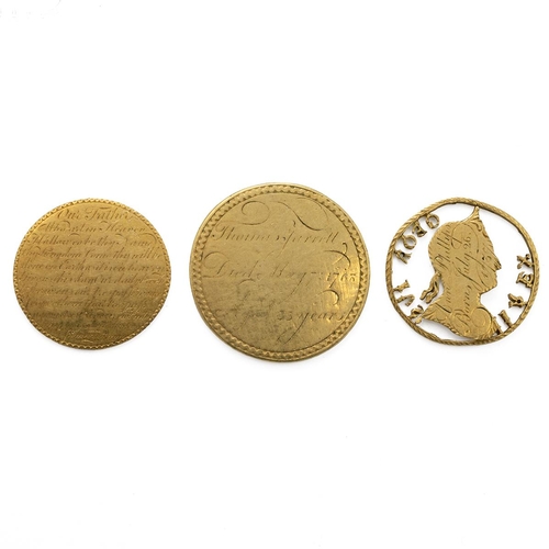 209 - Three (3) exonumia items, including Lords Prayer token, plated, with floral arrangement on the obver... 