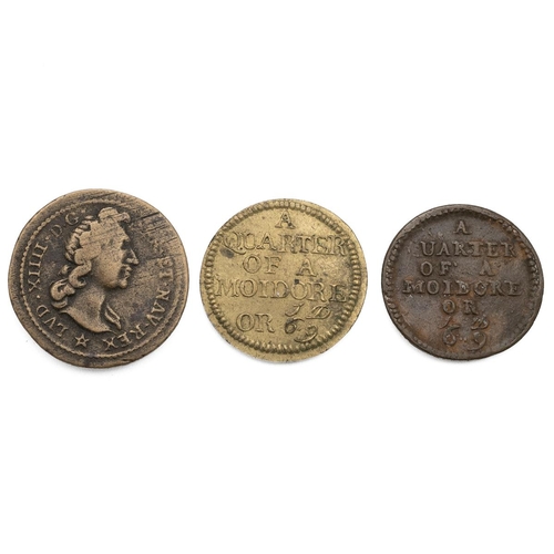 210 - Three (3) coin weighs, including France, Louis XIV Pistole weight; Portugal, 1748 Quarter Moidore we... 