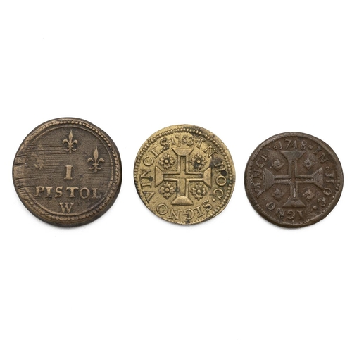 210 - Three (3) coin weighs, including France, Louis XIV Pistole weight; Portugal, 1748 Quarter Moidore we... 