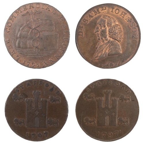 230 - Four (4) Staffordshire copper Halfpenny tokens, including 1793 Leek, caduceus and bales (DH 13a); 17... 