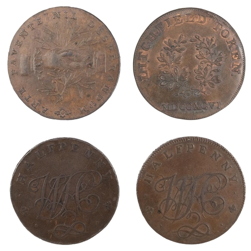 230 - Four (4) Staffordshire copper Halfpenny tokens, including 1793 Leek, caduceus and bales (DH 13a); 17... 