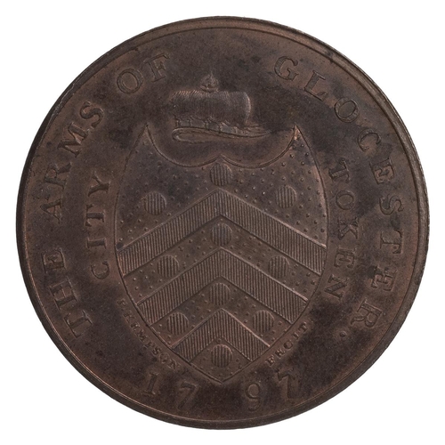 213 - 1797 Gloucester, Gloucestershire copper Penny token, New County Gaol (DH 10). Obverse: architectural... 