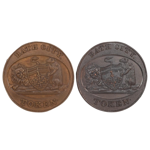 227 - Two (2) Bath, Somerset copper Halfpenny tokens, New Rooms (DH 83). Obverses: city arms and supporter... 